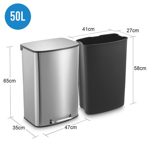 50L Pedal Bin Garbage Can Rubbish Recycling Trash Waste Stainless Steel Rectangular Trashcan Soft Closing Lid Kitchen House Indoor Office