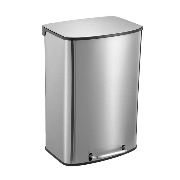 50L Pedal Bin Garbage Can Rubbish Recycling Trash Waste Stainless Steel Rectangular Trashcan Soft Closing Lid Kitchen House Indoor Office