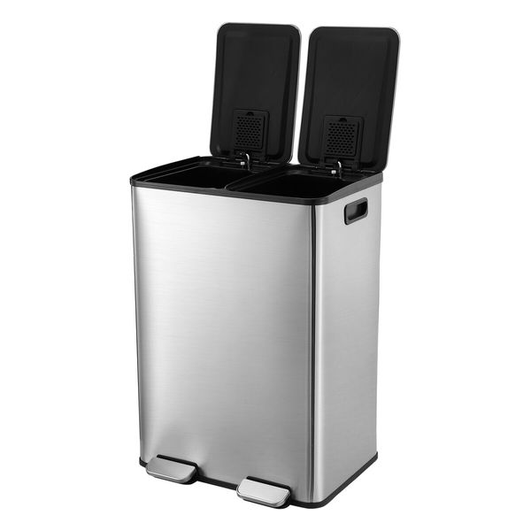 60L Rubbish Bin Dual Compartment Pedal Garbage Can Recycling Trash Waste Stainless Steel Trashcan Soft Closing Lid Kitchen