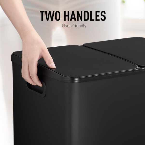 60L Rubbish Bin Dual Compartment Pedal Garbage Can Recycling Waste Stainless Steel Trashcan Soft Closing Lid Kitchen Black