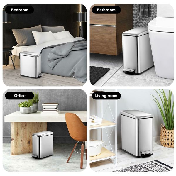 Small Garbage Can Rubbish Pedal Bin Recycling Trash Waste Stainless Steel Rectangular Trashcan Soft Closing Kitchen House Indoor 10L