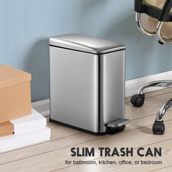 Small Garbage Can Rubbish Pedal Bin Recycling Trash Waste Stainless Steel Rectangular Trashcan Soft Closing Kitchen House Indoor 10L