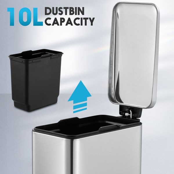 Small Garbage Can Rubbish Pedal Bin Recycling Trash Waste Stainless Steel Rectangular Trashcan Soft Closing Kitchen House Indoor 10L