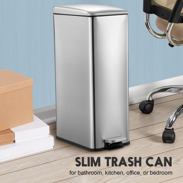 Small Garbage Can Rubbish Pedal Bin Recycling Trash Waste Stainless Steel Rectangular Trashcan Soft Closing Kitchen House Indoor 20L