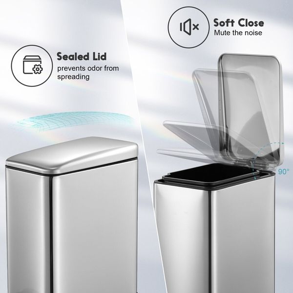 Small Garbage Can Rubbish Pedal Bin Recycling Trash Waste Stainless Steel Rectangular Trashcan Soft Closing Kitchen House Indoor 20L