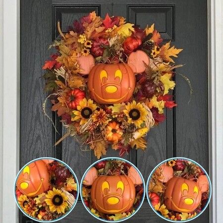Halloween Mickey Pumpkin Wreath- Fall Wreath for Front Door Decor, Artificial Maples, Sunflower, Fall Harvest, Holiday Decor, Indoor Outdoor