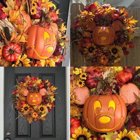 Halloween Mickey Pumpkin Wreath- Fall Wreath for Front Door Decor, Artificial Maples, Sunflower, Fall Harvest, Holiday Decor, Indoor Outdoor