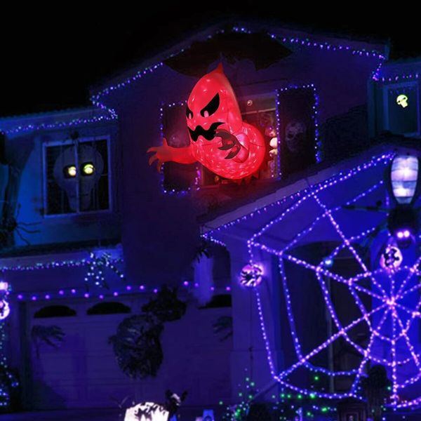 1.4m Halloween Inflatables Outdoor Decoration Ghost Broke Out from Window with Build-in LED Blow Up Scary Halloween Decor for Yard Garden