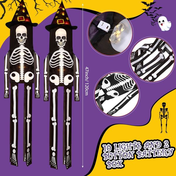 Halloween Windsock Flag Halloween Outdoor Decorations Hanging Glowing Witch Hat Windsock Flag Ghostfor Trees Yard Front Door Decor (Skeleton)