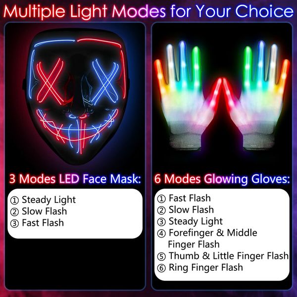 Halloween LED Mask and Gloves, Light Up Scary Mask and Glowing Gloves for Halloween Costume Party Cosplay