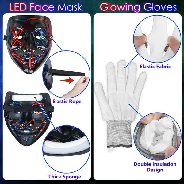 Halloween LED Mask and Gloves, Light Up Scary Mask and Glowing Gloves for Halloween Costume Party Cosplay