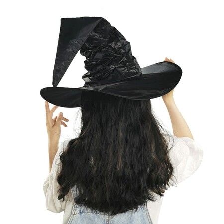 Women Halloween Witch Hat Black Pleated Wizard Hat Bat Hat with Bat Pendant for Halloween Cosplay Party Costume