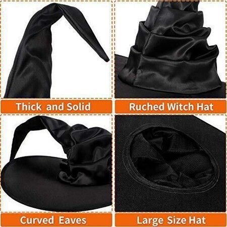 Women Halloween Witch Hat Black Pleated Wizard Hat Bat Hat with Bat Pendant for Halloween Cosplay Party Costume