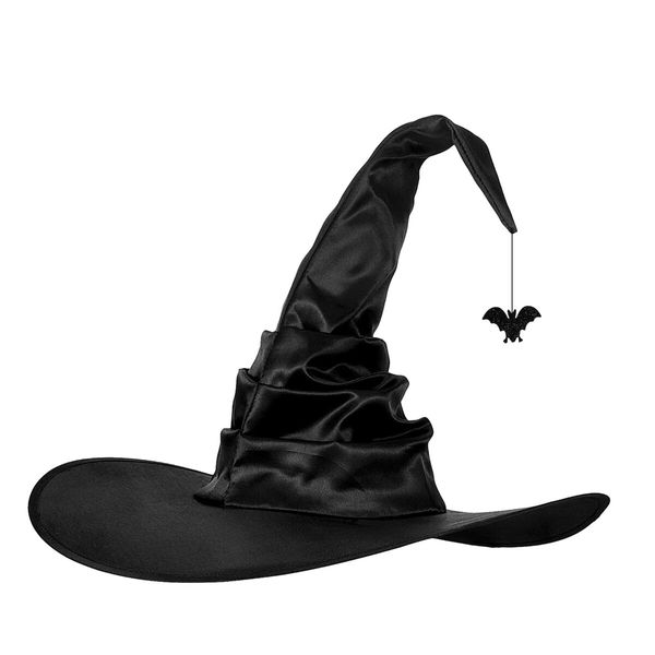 Women Halloween Witch Hat Black Pleated Wizard Hat Bat Hat with Bat Pendant for Halloween Cosplay Party Costume