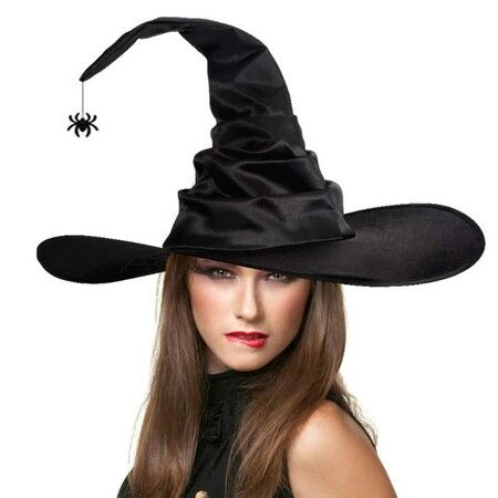 Women Halloween Witch Hat Black Pleated Wizard Hat Spider Hat with Spider Pendant for Halloween Cosplay Party Costume