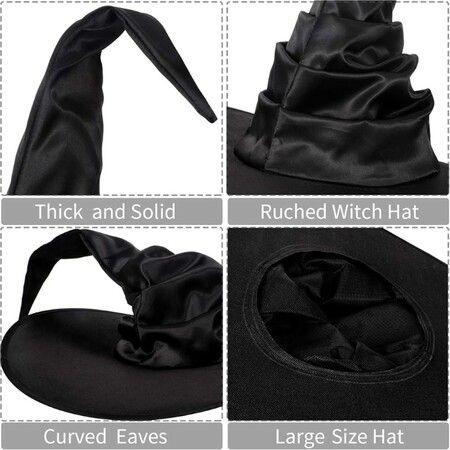 Women Halloween Witch Hat Black Pleated Wizard Hat Spider Hat with Spider Pendant for Halloween Cosplay Party Costume