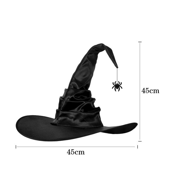 Women Halloween Witch Hat Black Pleated Wizard Hat Spider Hat with Spider Pendant for Halloween Cosplay Party Costume