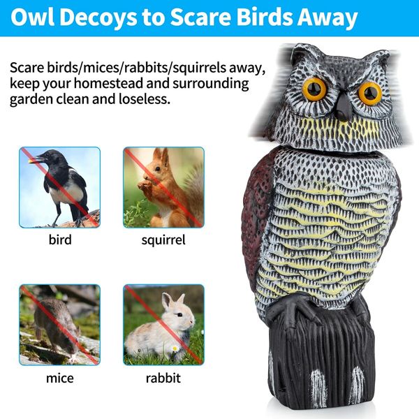 Owl Decoy to Scare Birds Squirrels,2023 Upgraded Plastic Owl Decoy to Scare Birds Away,Motion Activated Owl Decoy with 360 Rotating Head,Garden Owls to Frighten Birds for Outdoor Garden Yard