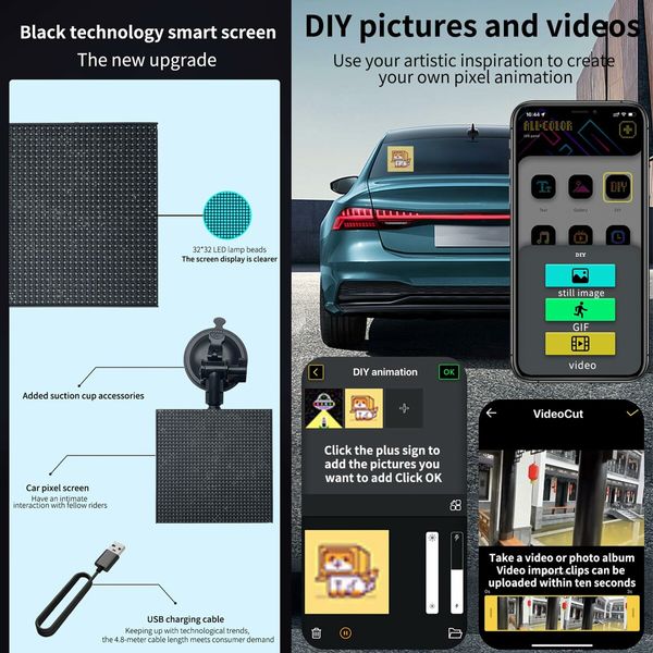 Car Rear Window LED Display,Pixel Display, 32X32 Pixel Screen,APP Control, Full-Color Emoticon Panel, DIY Emoticon Package, Advertising Screen Gift