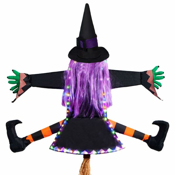 Crashing Witch into Tree Fairy Light String for Outdoor Porch Garden Patio Pathway Party Halloween Decor Purple Hair (colorful LED Light)