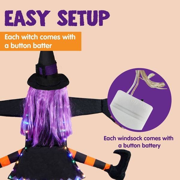 Crashing Witch into Tree Fairy Light String for Outdoor Porch Garden Patio Pathway Party Halloween Decor Purple Hair (colorful LED Light)