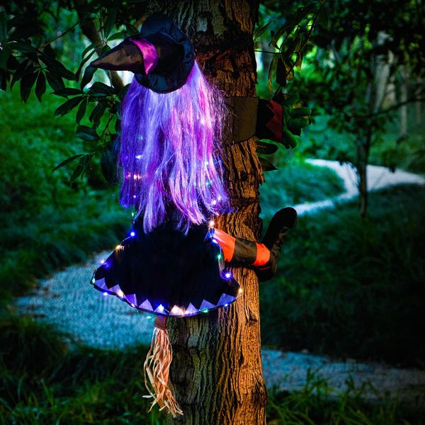 Crashing Witch into Tree Fairy Light String for Outdoor Porch Garden Patio Pathway Party Halloween Decor Purple Hair (colorful LED Light)