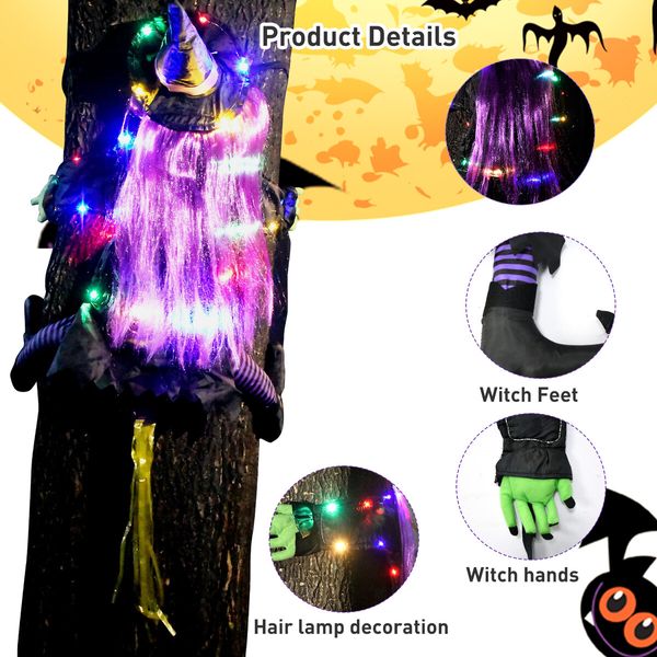 Crashing Witch into Tree Fairy Light String for Outdoor Porch Garden Patio Pathway Party Halloween Decor Purple Hair (colorful LED Light)