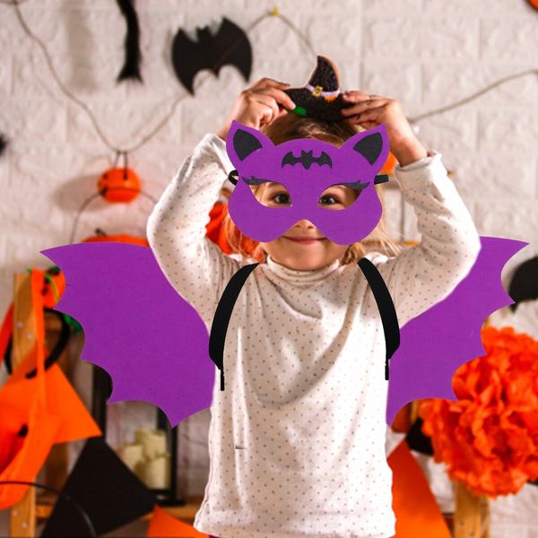 Halloween Bat Costume Set Bat Mask Wing Props Cosplay Party Drees Up Accessories (Purple)Age3-5