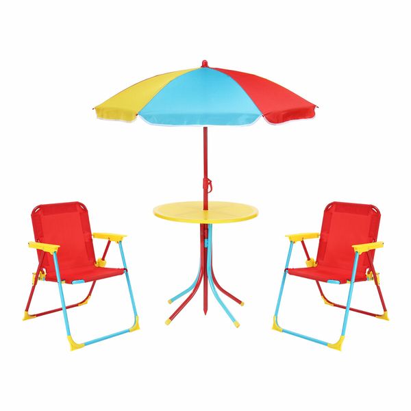 Kids Table and Chairs Set 4 In 1 Outdoor Picnic Children Desk Seat Folding Beach Sun Shade Toddler Play Activity Toy Height Adjustable Umbrella