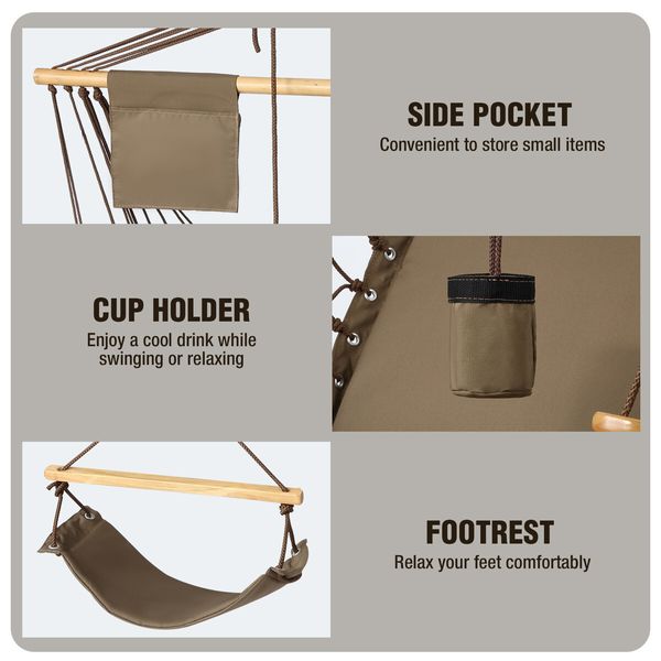 Hammock Hanging Chair Swing Wooden Garden Seat Outdoor Camping Patio Lounge Furniture Portable Soft Cushion Footrest Storage Cup Holder