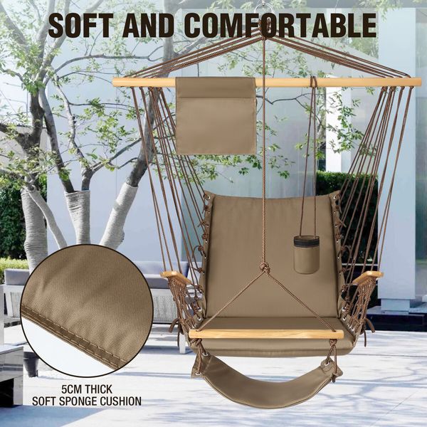 Hammock Hanging Chair Swing Wooden Garden Seat Outdoor Camping Patio Lounge Furniture Portable Soft Cushion Footrest Storage Cup Holder