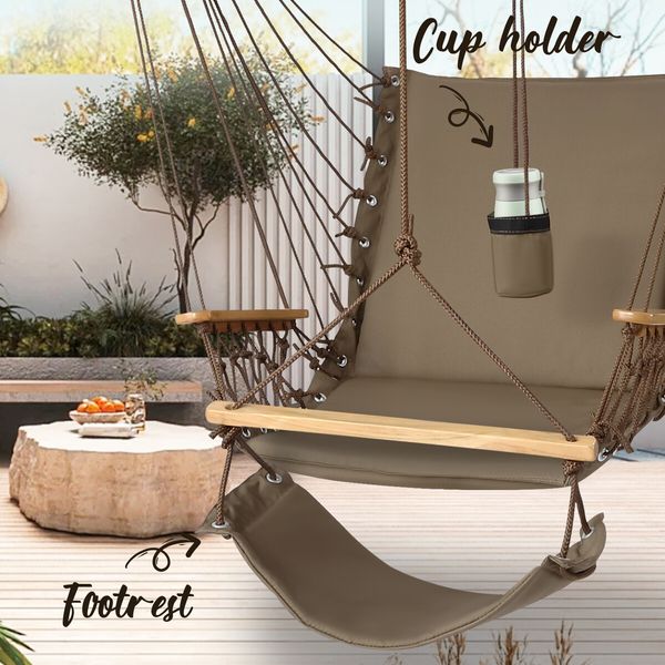 Hammock Hanging Chair Swing Wooden Garden Seat Outdoor Camping Patio Lounge Furniture Portable Soft Cushion Footrest Storage Cup Holder