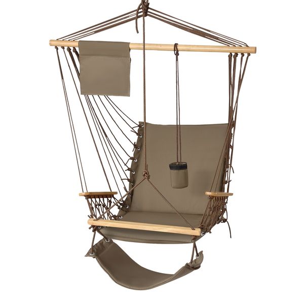 Hammock Hanging Chair Swing Wooden Garden Seat Outdoor Camping Patio Lounge Furniture Portable Soft Cushion Footrest Storage Cup Holder