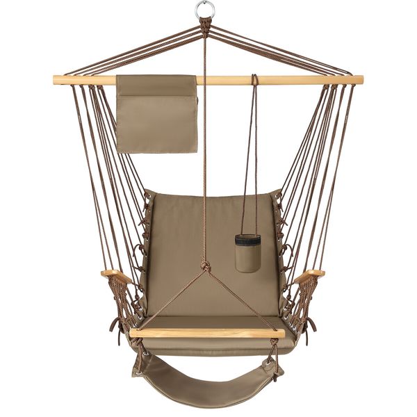 Hammock Hanging Chair Swing Wooden Garden Seat Outdoor Camping Patio Lounge Furniture Portable Soft Cushion Footrest Storage Cup Holder