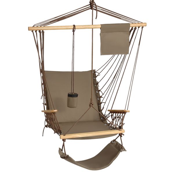 Hammock Hanging Chair Swing Wooden Garden Seat Outdoor Camping Patio Lounge Furniture Portable Soft Cushion Footrest Storage Cup Holder