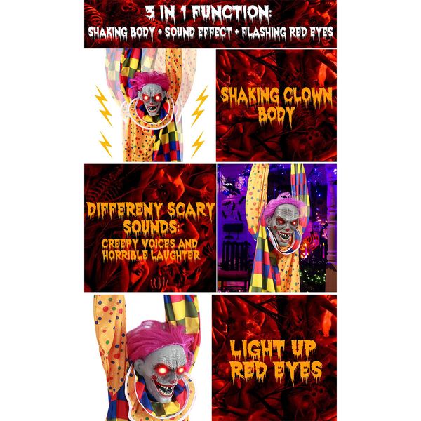 5.6 Ft Halloween Hanging Animated Talking & Shaking Scary Clown with Chain,Light Up Red Eyes,Sound & Touch Activated for Halloween Decor Prop Indoor/Outdoor,Haunted House,Yard Decorations