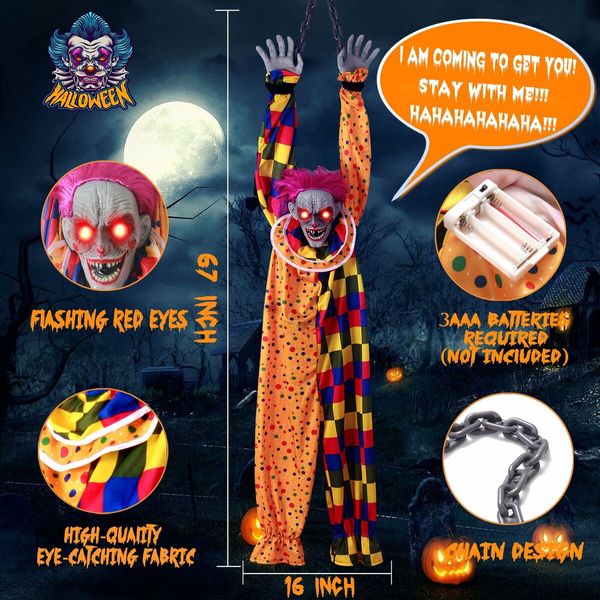 5.6 Ft Halloween Hanging Animated Talking & Shaking Scary Clown with Chain,Light Up Red Eyes,Sound & Touch Activated for Halloween Decor Prop Indoor/Outdoor,Haunted House,Yard Decorations