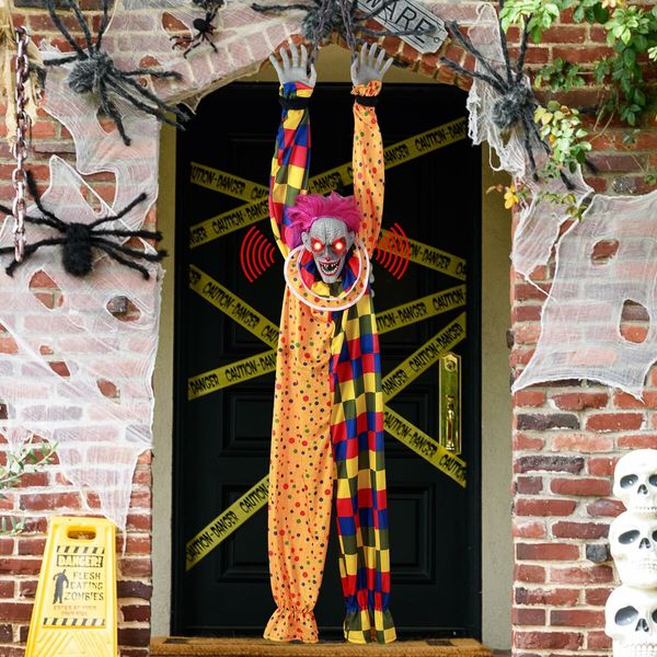 5.6 Ft Halloween Hanging Animated Talking & Shaking Scary Clown with Chain,Light Up Red Eyes,Sound & Touch Activated for Halloween Decor Prop Indoor/Outdoor,Haunted House,Yard Decorations