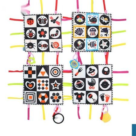 Tummy Time Floor Mirror, Double High Contrast Play and Pat Activity Mat Black and White Baby Crinkle Toys with Teether, Great Gift Pack of 4