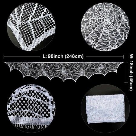 Halloween Decorations Black Lace Spiderweb Fireplace Mantle Scarf Cover for Halloween Mantle Decor Festive Party Supplies (White,45x248cm)