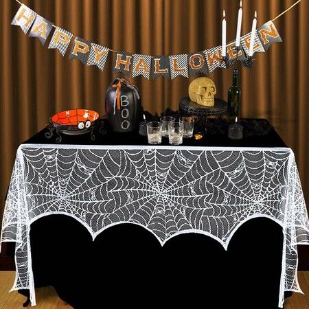 Halloween Decorations Black Lace Spiderweb Fireplace Mantle Scarf Cover for Halloween Mantle Decor Festive Party Supplies (White,45x248cm)