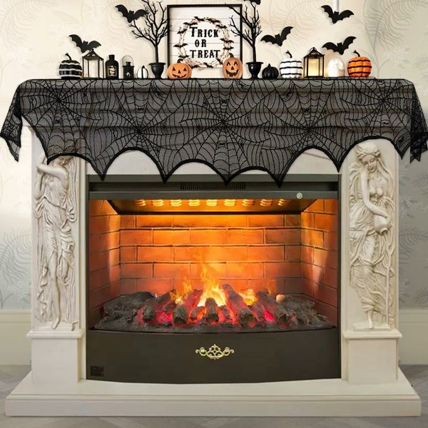 Halloween Decorations Black Lace Spiderweb Fireplace Mantle Scarf Cover for Halloween Mantle Decor Festive Party Supplies (Black,45x248cm)