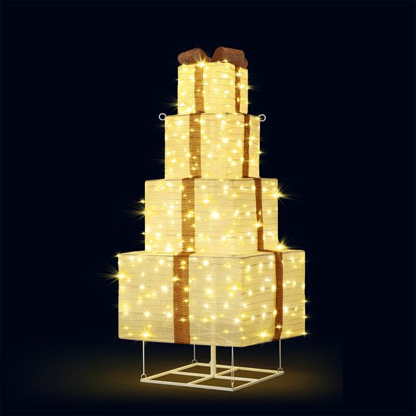 140cm Lighted Gift Box Christmas Tree Decoration 200 LED Lights 3D Xmas Present Indoor Outdoor Home Garden Party Festive Holiday Display