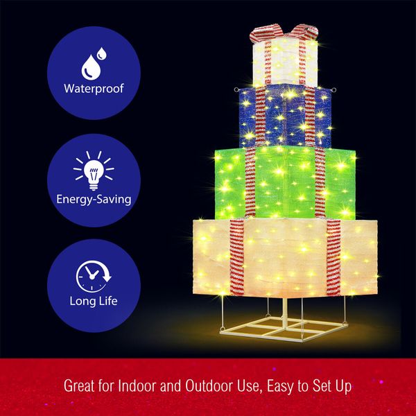 140cm Colourful Lighted Gift Box Christmas Tree Present 200 LED Lights Xmas Home Garden Holiday Decoration Indoor Outdoor Party Display