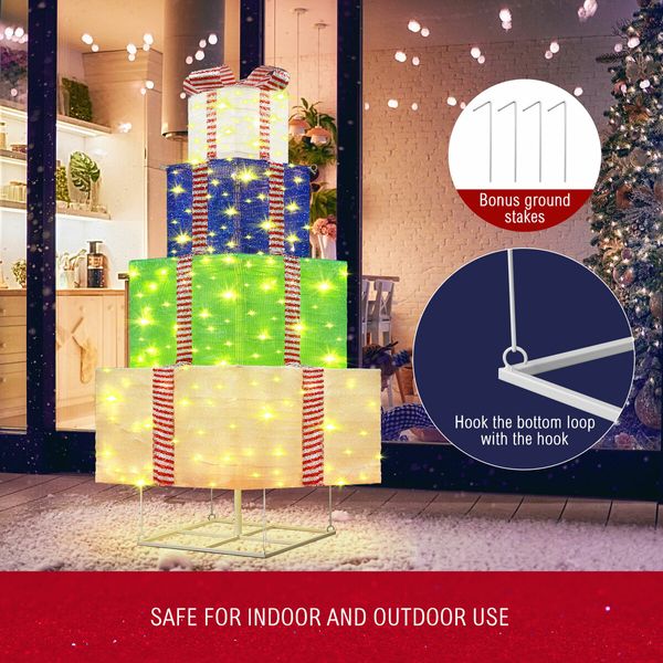 140cm Colourful Lighted Gift Box Christmas Tree Present 200 LED Lights Xmas Home Garden Holiday Decoration Indoor Outdoor Party Display