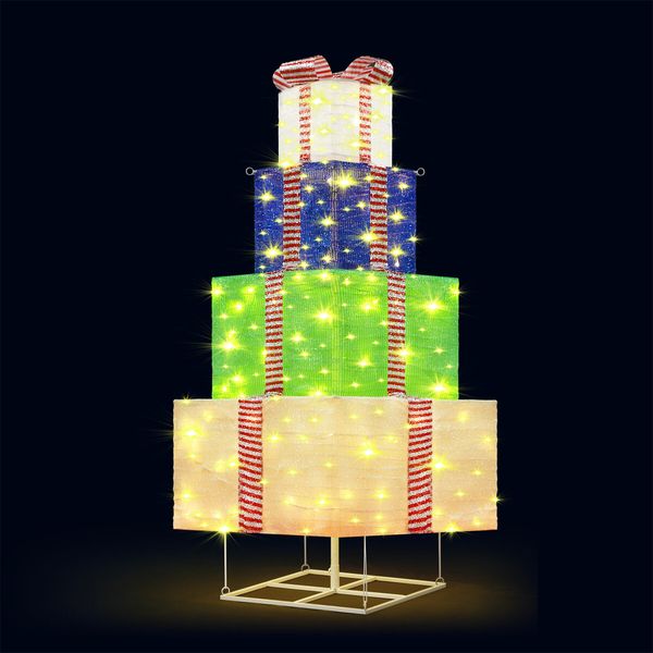 140cm Colourful Lighted Gift Box Christmas Tree Present 200 LED Lights Xmas Home Garden Holiday Decoration Indoor Outdoor Party Display