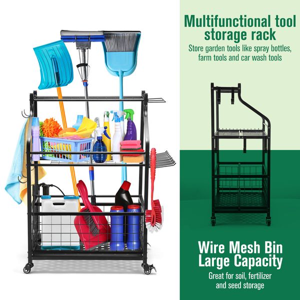 Garden Tools Storage Rack Organizer Broom Holder Handles Farm Shed Garage Workshop Warehouse Shelving Hook Utility Cart Power Hanger Trolley Wheels