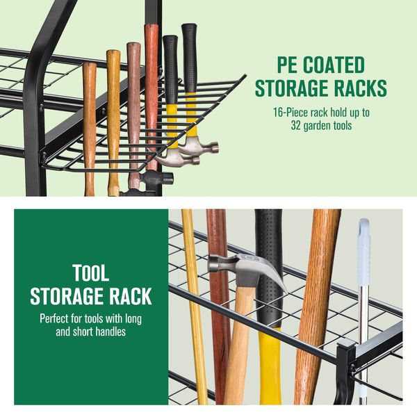 Garden Tools Storage Rack Organizer Broom Holder Handles Farm Shed Garage Workshop Warehouse Shelving Hook Utility Cart Power Hanger Trolley Wheels