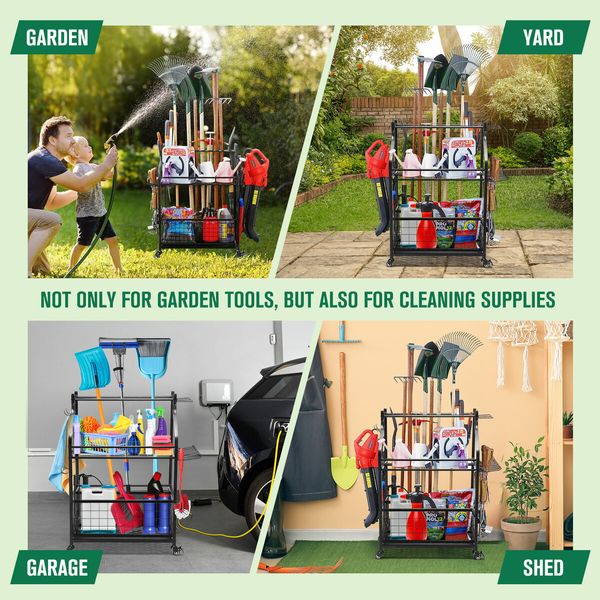 Garden Tools Storage Rack Organizer Broom Holder Handles Farm Shed Garage Workshop Warehouse Shelving Hook Utility Cart Power Hanger Trolley Wheels