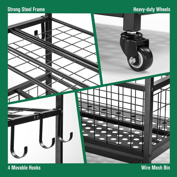 Garden Tools Storage Rack Organizer Broom Holder Handles Farm Shed Garage Workshop Warehouse Shelving Hook Utility Cart Power Hanger Trolley Wheels